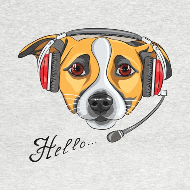 Customer service worker dog Jack Russell Terrier, call center operator with phone headset says Hello by amramna